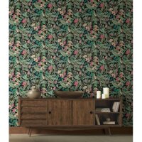 Vliestapete in schwarz, gr&uuml;n Bl&auml;tter Blumen...