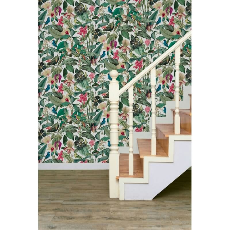 Vliestapete in weiß, grün Blätter Blumen Floral Natur (KG-171557)