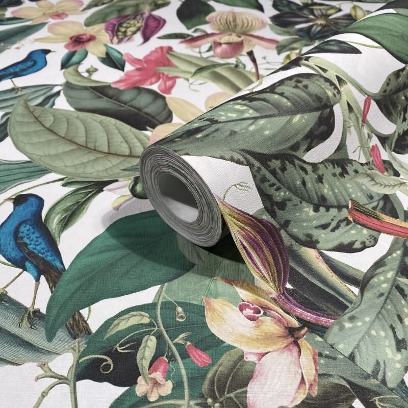 Vliestapete in weiß, grün Blätter Blumen Floral Natur (KG-171557)