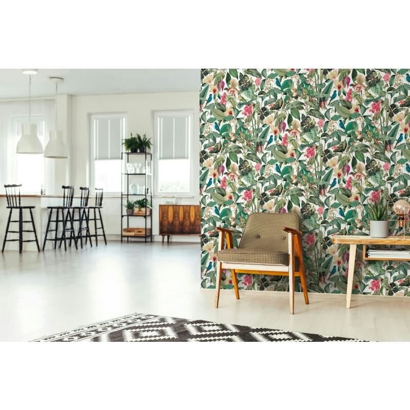 Vliestapete in weiß, grün Blätter Blumen Floral Natur (KG-171557)