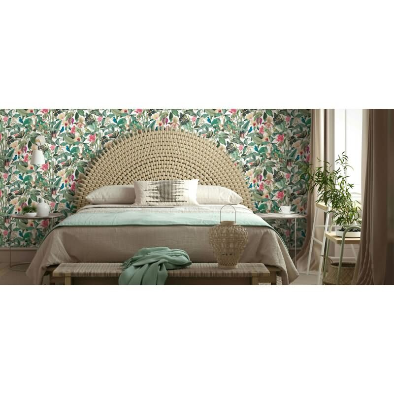 Vliestapete in weiß, grün Blätter Blumen Floral Natur (KG-171557)