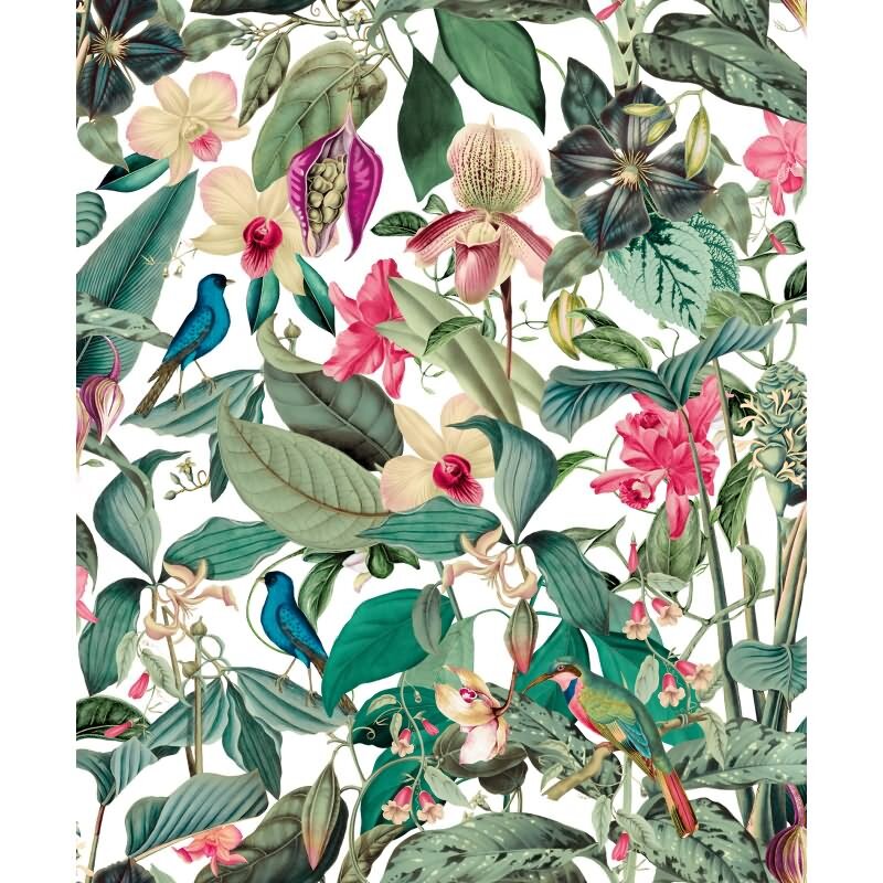 Vliestapete in weiß, grün Blätter Blumen Floral Natur (KG-171557)