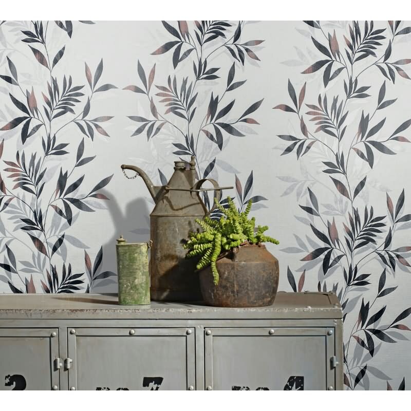 Vliestapete in weiß, schwarz Blattmotiv Blätteroptik Floral Natur (KG-171565)