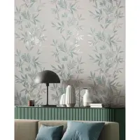 Vliestapete in wei&szlig;, gr&uuml;n Blattmotiv...