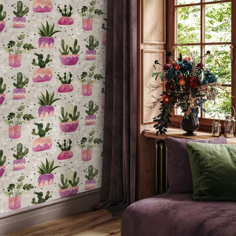 Vliestapete in Grau Grün Lila Blumen Pflanzen Floral Natur Modern für Wohnzimmer Schlafzimmer Küche (KG-171606)