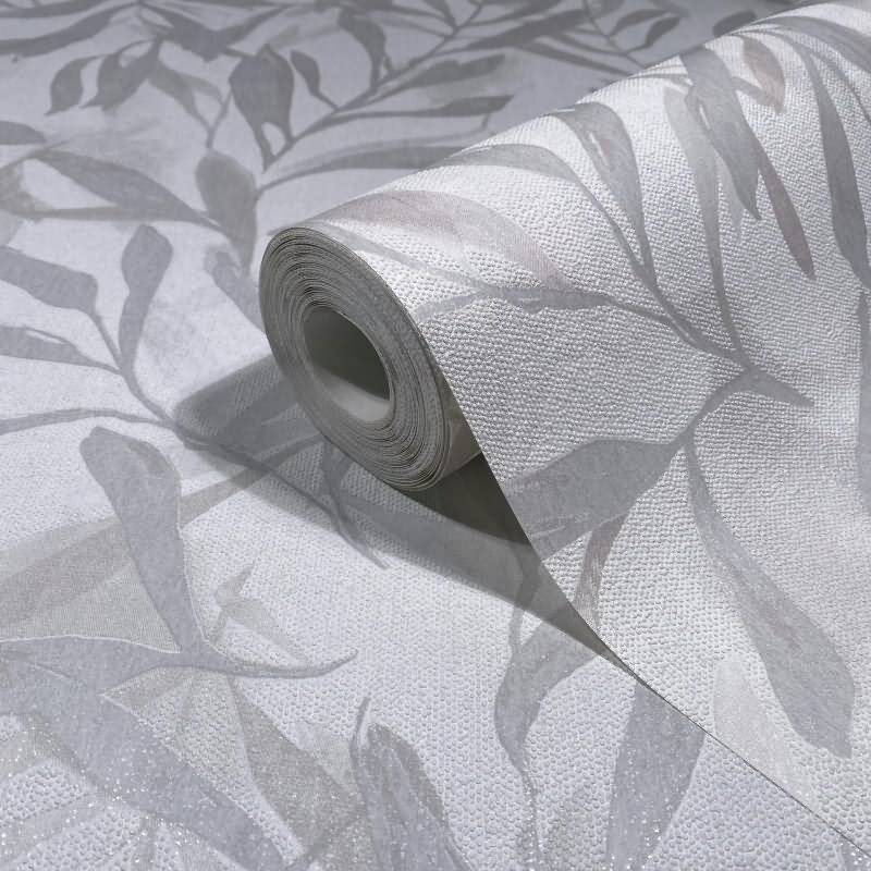 Vliestapete in Weiß Grau Blätter Blattoptik Vintage Floral Natur für Wohnzimmer Schlafzimmer Küche (KG-171623)