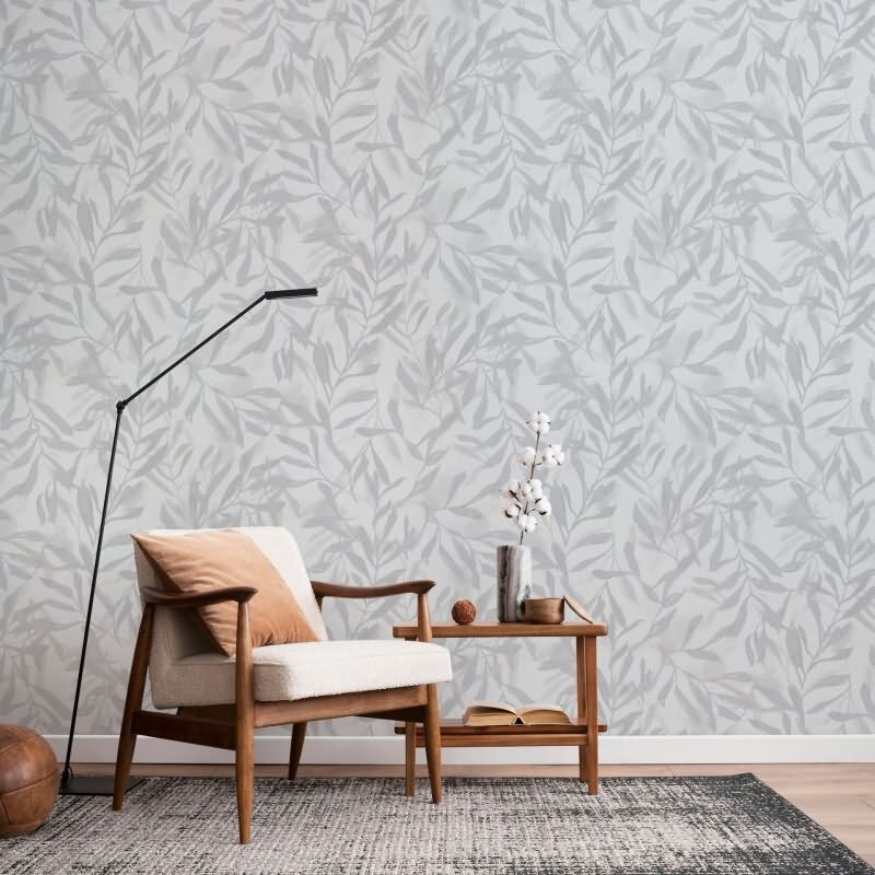 Vliestapete in Weiß Grau Blätter Blattoptik Vintage Floral Natur für Wohnzimmer Schlafzimmer Küche (KG-171623)
