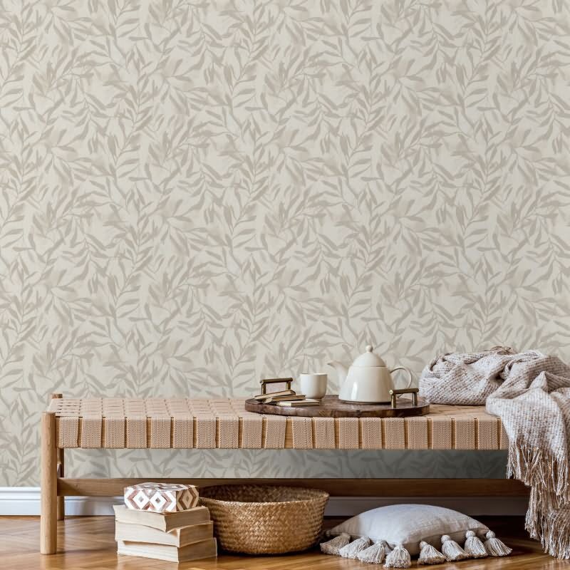 Vliestapete in Beige Blätter Blattoptik Vintage Floral Natur für Wohnzimmer Schlafzimmer Küche (KG-171625)