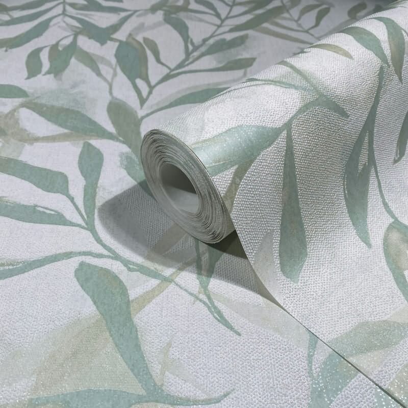 Vliestapete in Weiß Grün Blätter Blattoptik Vintage Floral Natur für Wohnzimmer Schlafzimmer Küche (KG-171626)