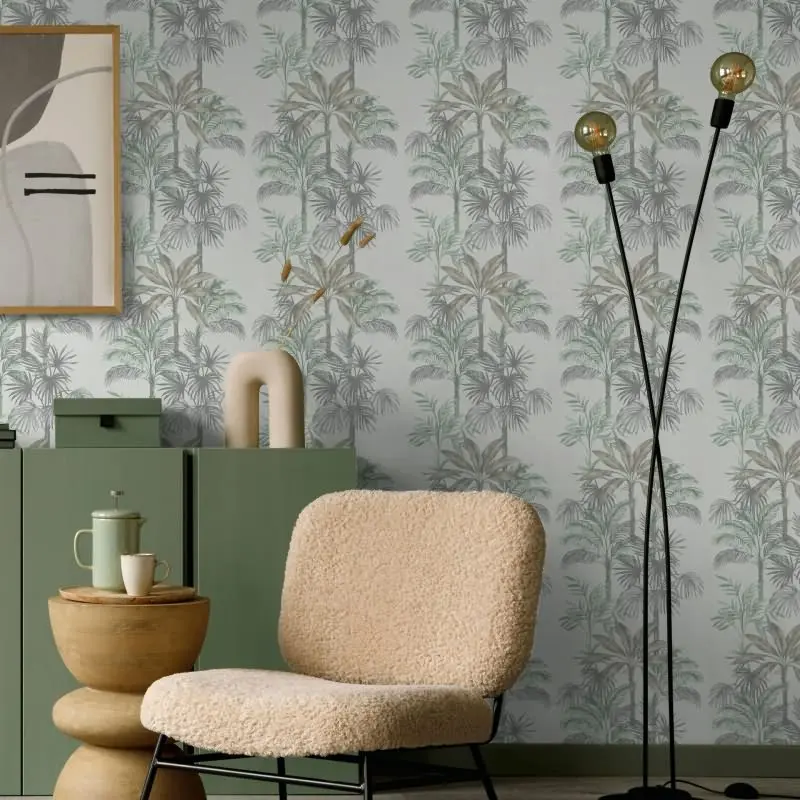 Vliestapete in Grau Grün Bäume Blätter Dschungel Floral Natur für Wohnzimmer Schlafzimmer Küche (KG-171641)
