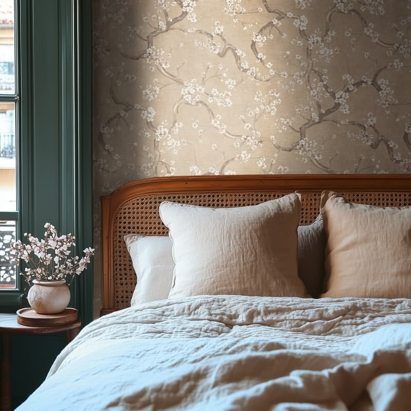 Kirschblüten Muster-Tapete Beige Weiß florale Vliestapete Vintage (KG-171772)