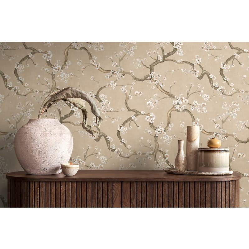 Kirschblüten Muster-Tapete Beige Weiß florale Vliestapete Vintage (KG-171772)