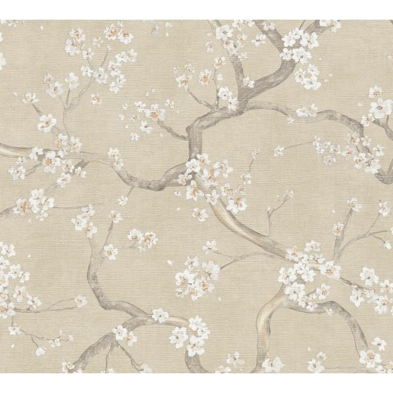 Kirschblüten Muster-Tapete Beige Weiß florale Vliestapete Vintage (KG-171772)