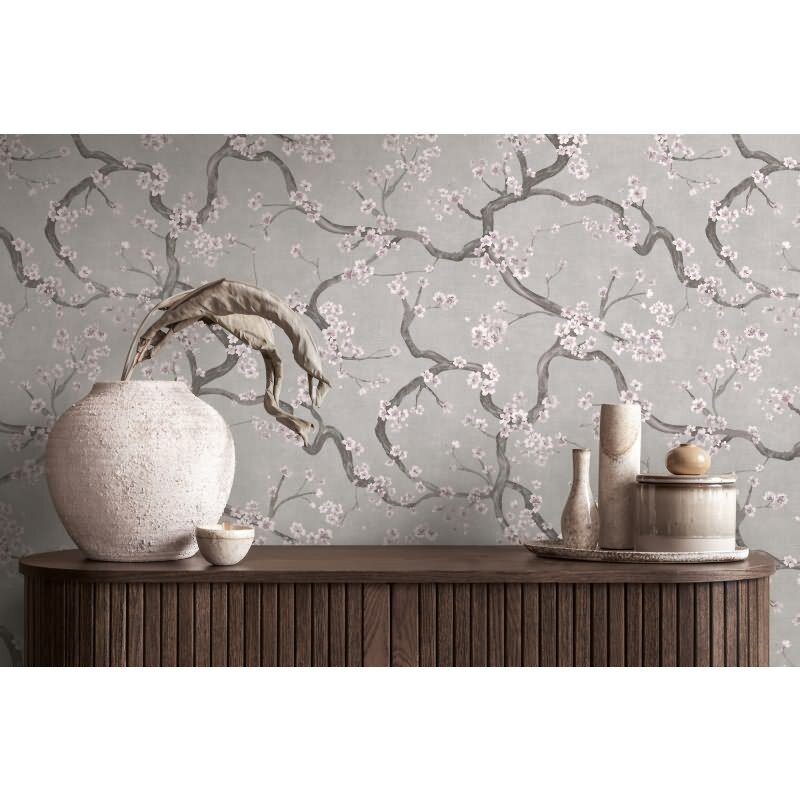 Vintage-Tapete Kirschblüten Vliestapete floral Vintage Grau Weiß Rosa (KG-171773)