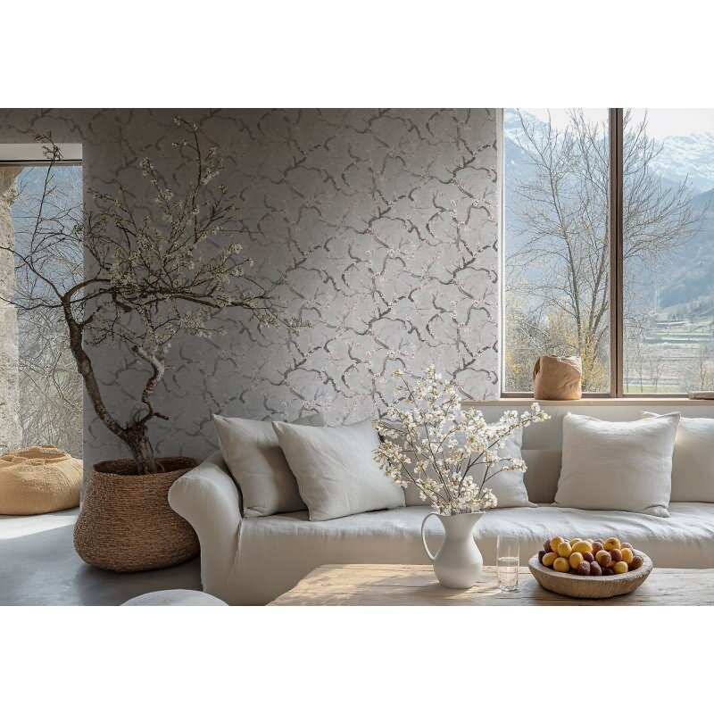 Vintage-Tapete Kirschblüten Vliestapete floral Vintage Grau Weiß Rosa (KG-171773)