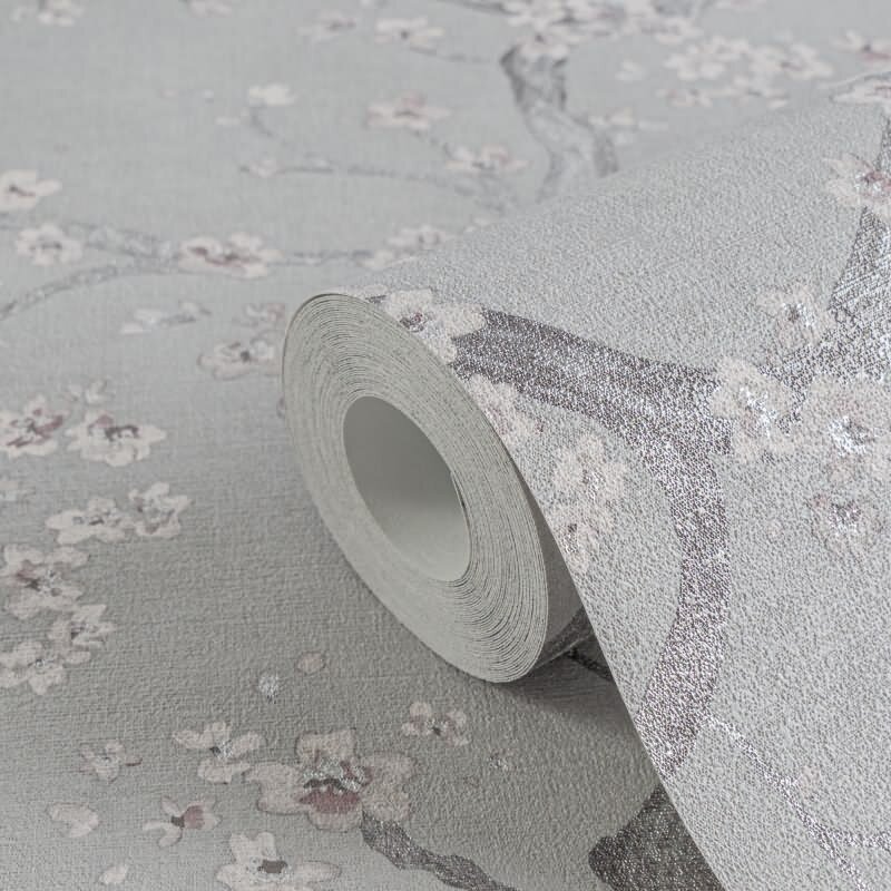 Vintage-Tapete Kirschblüten Vliestapete floral Vintage Grau Weiß Rosa (KG-171773)