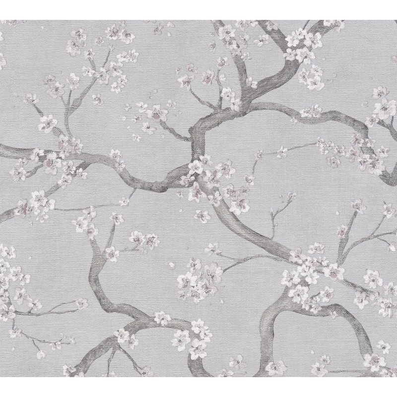 Vintage-Tapete Kirschblüten Vliestapete floral Vintage Grau Weiß Rosa (KG-171773)