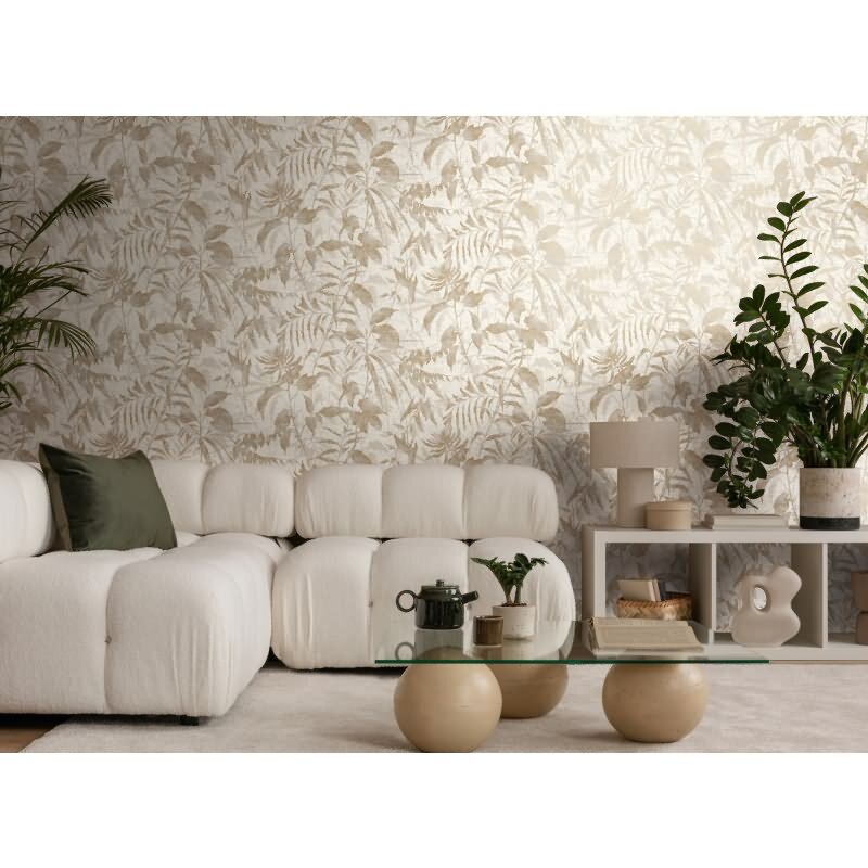 Blätter Tapete Beige Weiß Gold Metallic Pflanzen Vliestapete Dschungel (KG-171777)