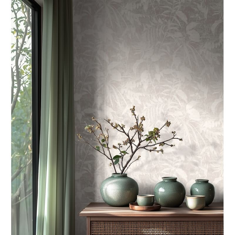 Dschungel Tapete Grau Weiß Pflanzen Blätter Natur Vliestapete (KG-171778)