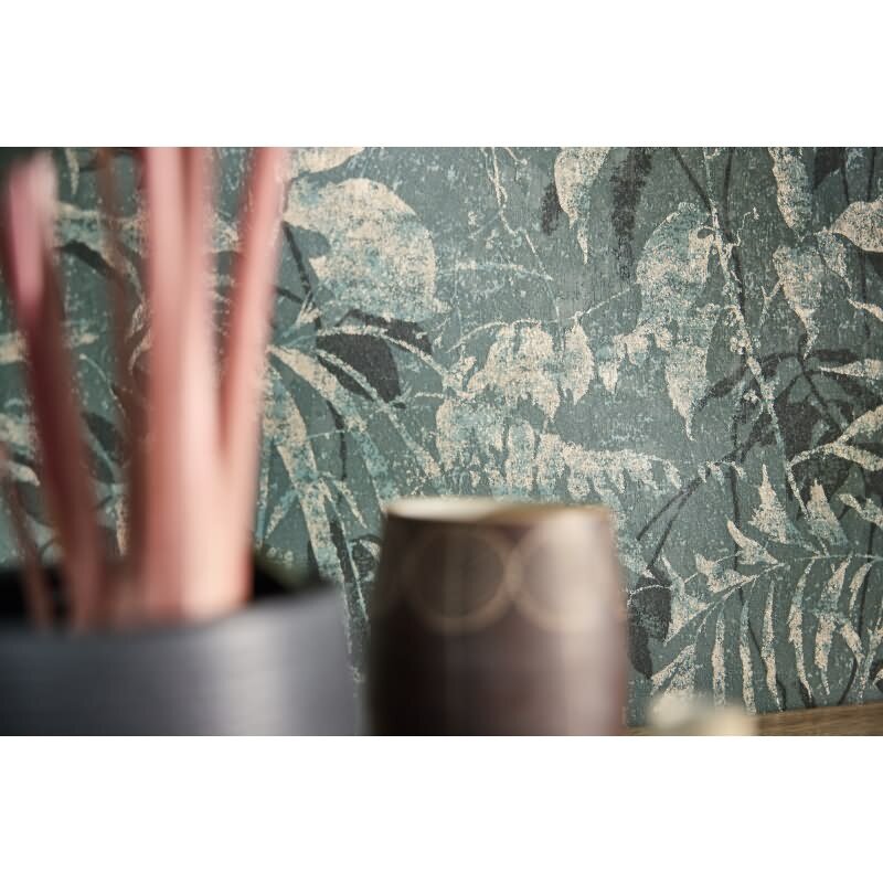 Dschungel Tapete Blau Grün Gold Metallic Pflanzen Blätter Vliestapete (KG-171780)