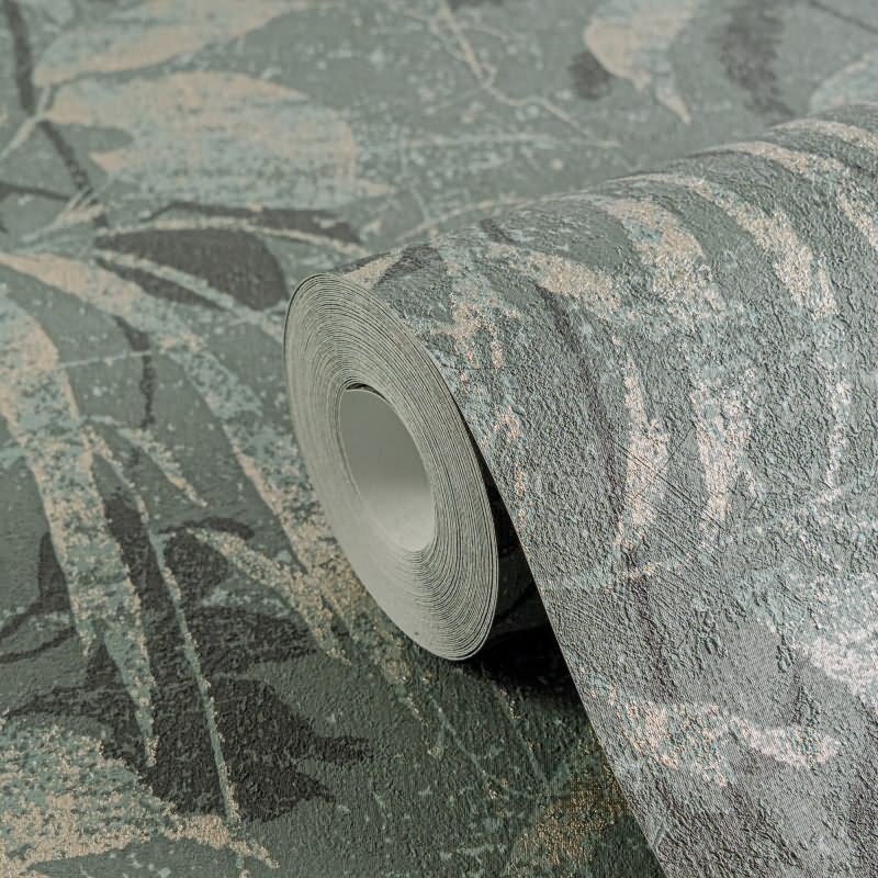 Dschungel Tapete Blau Grün Gold Metallic Pflanzen Blätter Vliestapete (KG-171780)
