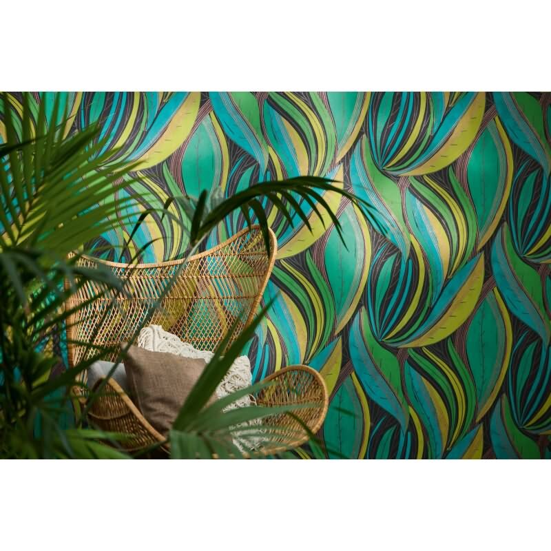 Dschungel Tapete Türkis Grün Gelb Metallic Moderne Blattmuster Vliestapete (KG-171798)