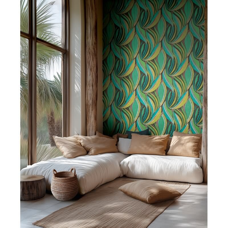 Dschungel Tapete Türkis Grün Gelb Metallic Moderne Blattmuster Vliestapete (KG-171798)