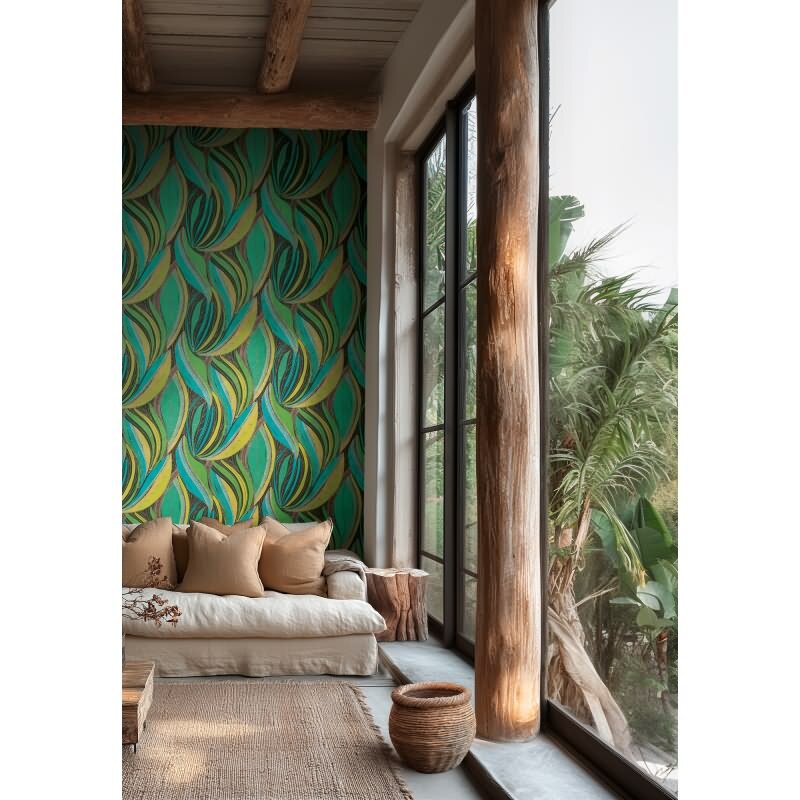 Dschungel Tapete Türkis Grün Gelb Metallic Moderne Blattmuster Vliestapete (KG-171798)