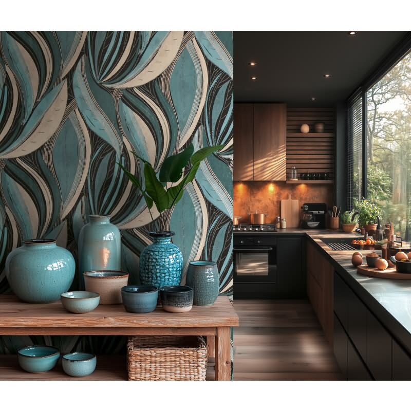 Moderne Dschungel Tapete Blau Petrol Weiß Metallic Moderne Blattoptik Vliestapete (KG-171799)