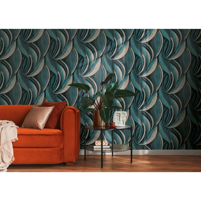 Moderne Dschungel Tapete Blau Petrol Weiß Metallic Moderne Blattoptik Vliestapete (KG-171799)