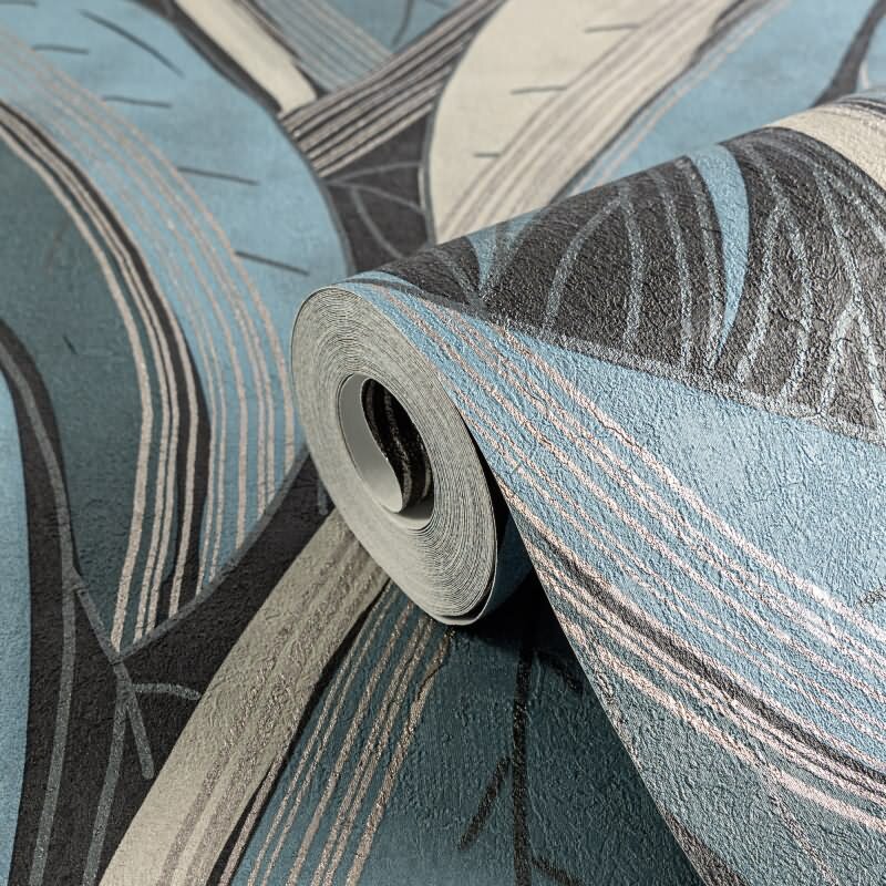 Moderne Dschungel Tapete Blau Petrol Weiß Metallic Moderne Blattoptik Vliestapete (KG-171799)