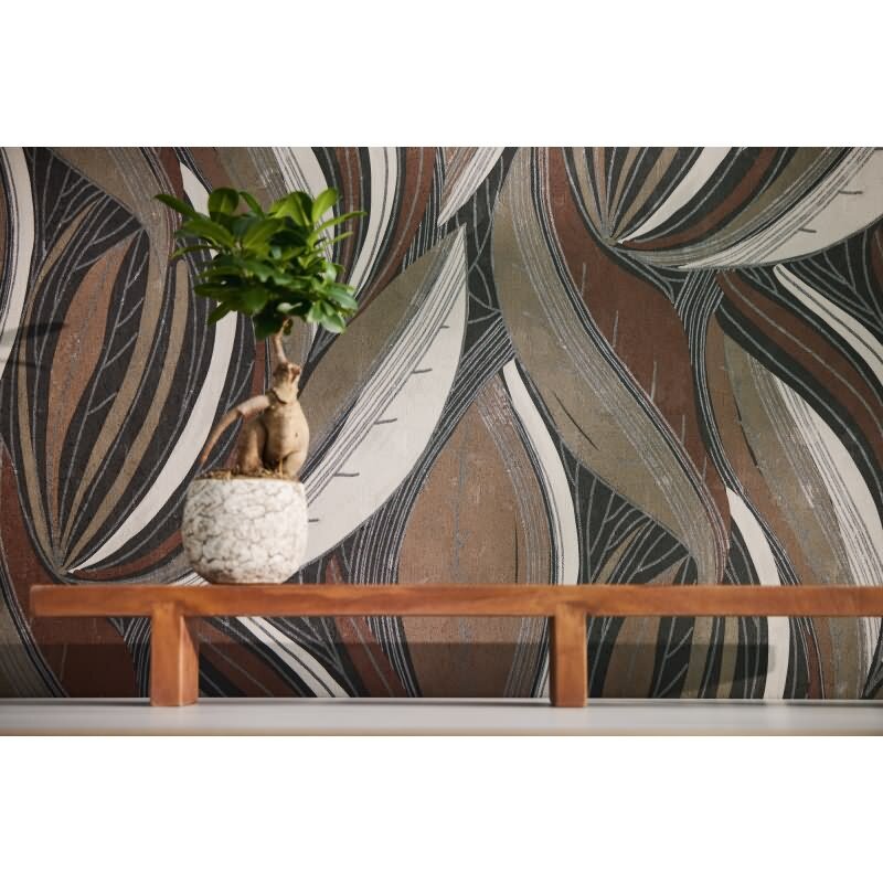 Dschungel Tapete Braun Metallic Beige Weiß Blattmuster modern Vliestapete (KG-171800)