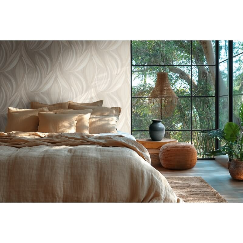 Blätter Tapete Creme Beige Vliestapete Dschungel modern Metallic (KG-171801)