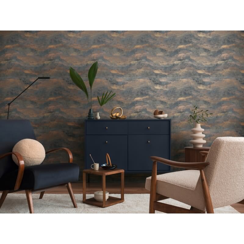 Mustertapete Wellen Schwarz Grau Metallic Gold Vitage Vliestapete (KG-171806)