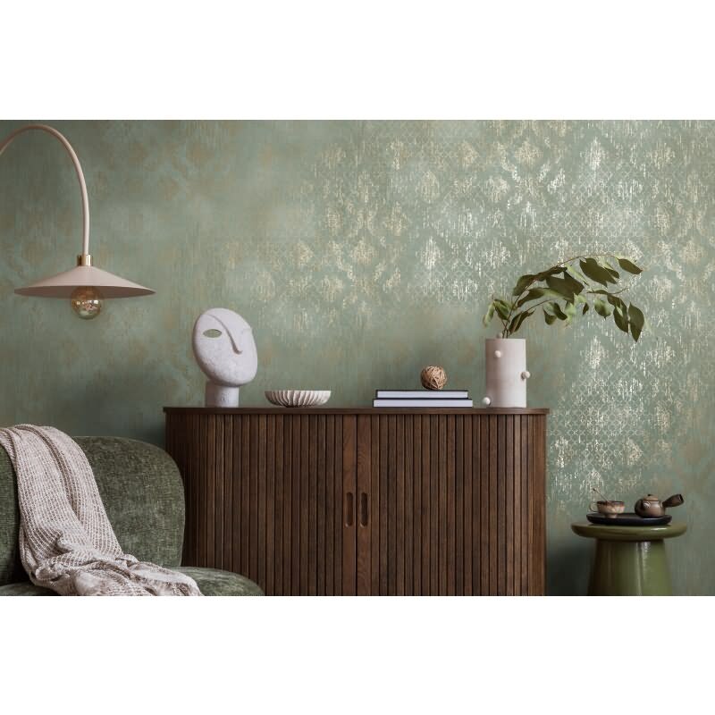 Ornament-Tapete Barock Mintgrün Gold Metallic Glänzende Vliestapete (KG-171820)