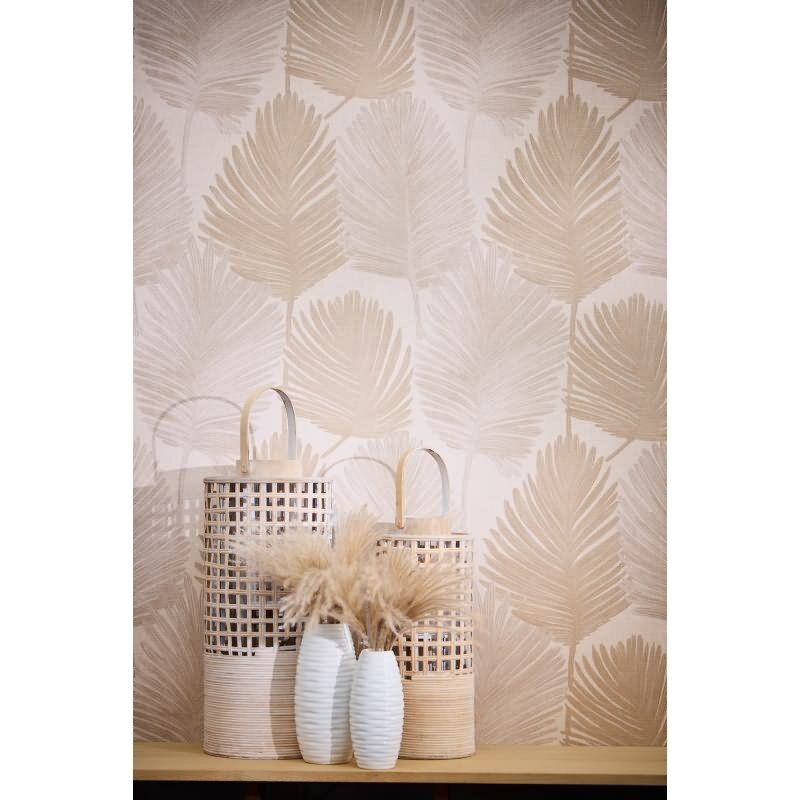 Palmblatt Tapete Creme Beige Sand Metallic Tropisches Blättermotiv auf Vliestapete (KG-171821)