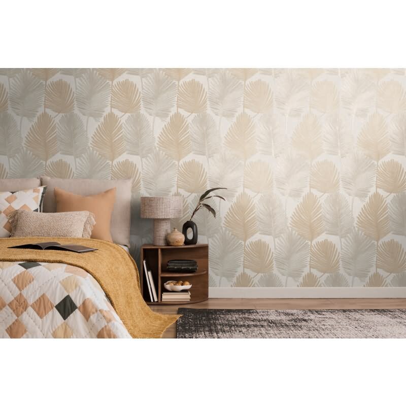 Palmblatt Tapete Creme Beige Sand Metallic Tropisches Blättermotiv auf Vliestapete (KG-171821)
