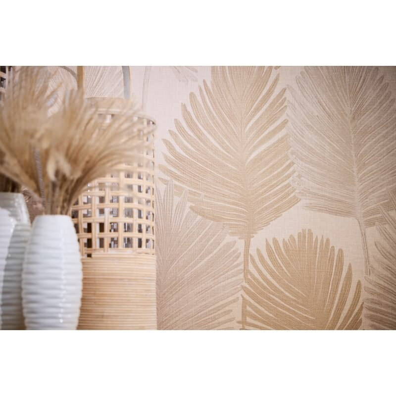 Palmblatt Tapete Creme Beige Sand Metallic Tropisches Blättermotiv auf Vliestapete (KG-171821)