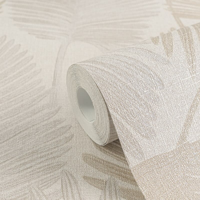 Palmblatt Tapete Creme Beige Sand Metallic Tropisches Blättermotiv auf Vliestapete (KG-171821)