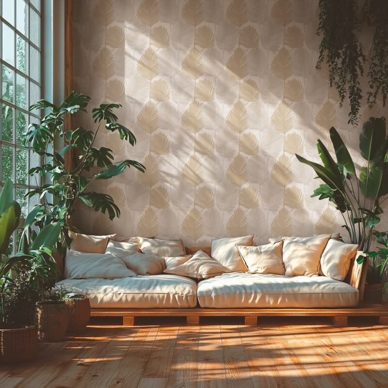 Palmblatt Tapete Creme Beige Sand Metallic Tropisches Blättermotiv auf Vliestapete (KG-171821)