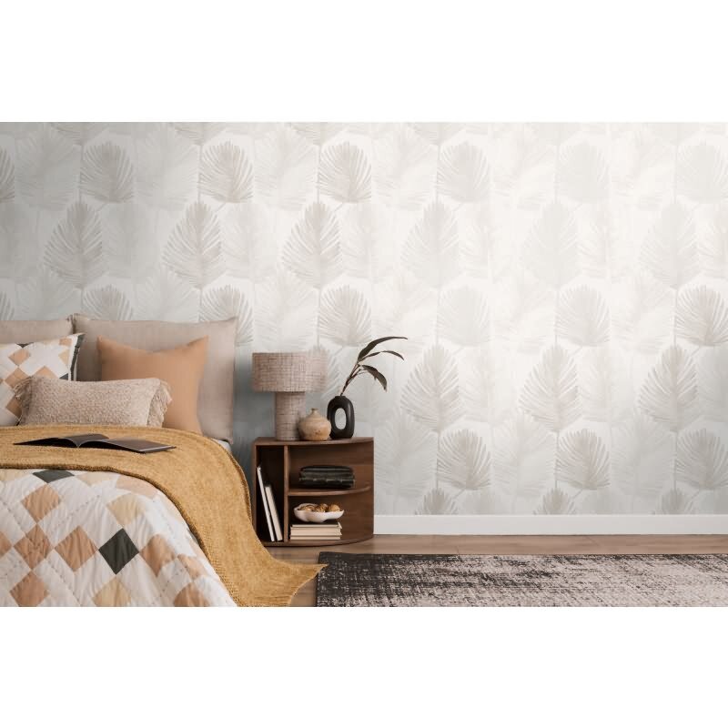 Dschungel Tapete Weiß Hellgrau Dezentes tropisches Muster Vliestapete Palmblatt (KG-171823)