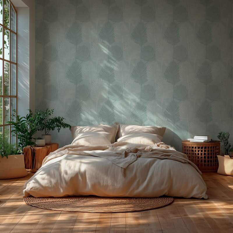 3D Dschungel Palmblatt Tapete Salbeigrün Tropisches Blättermotiv Vliestapete (KG-171824)