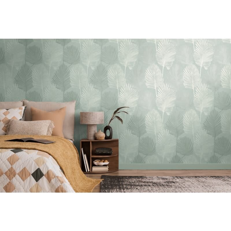 3D Dschungel Palmblatt Tapete Salbeigrün Tropisches Blättermotiv Vliestapete (KG-171824)