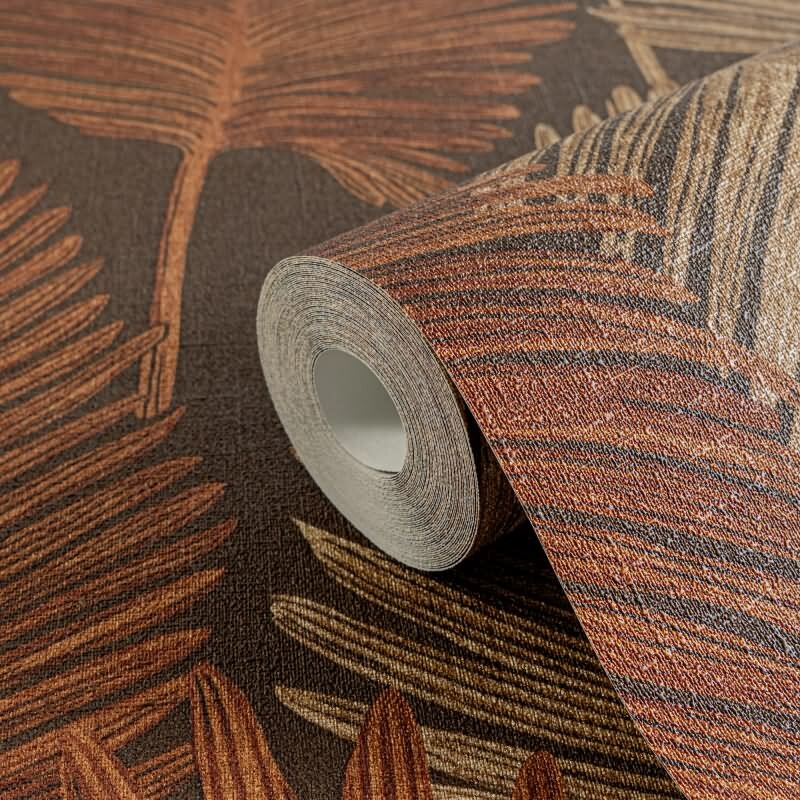 Dschungel 3D-Tapete Braun Rostrot Metallic Tropisches Blättermuster Vliestapete (KG-171825)