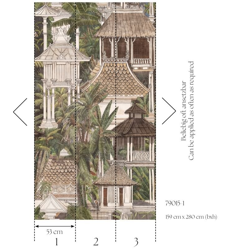 Fototapete asiatische Architektur mit Palmen Exotisches Vliestapete Braun Grün (KG-171827)