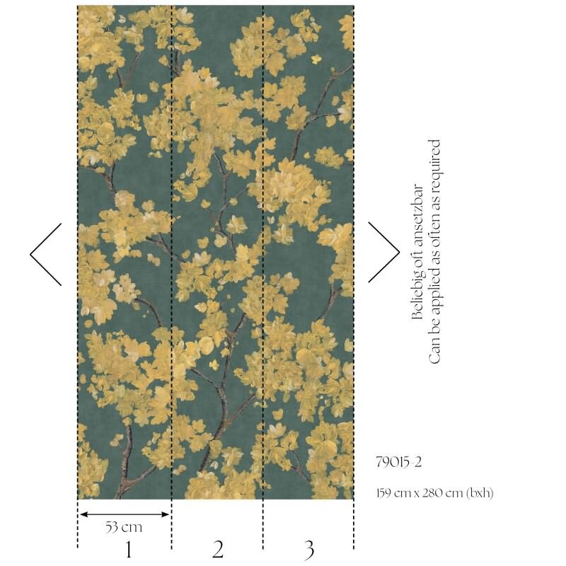 Fototapete Blütenzweige Gelb Grün Japanisches Blütenmotiv Vliestapete (KG-171828)