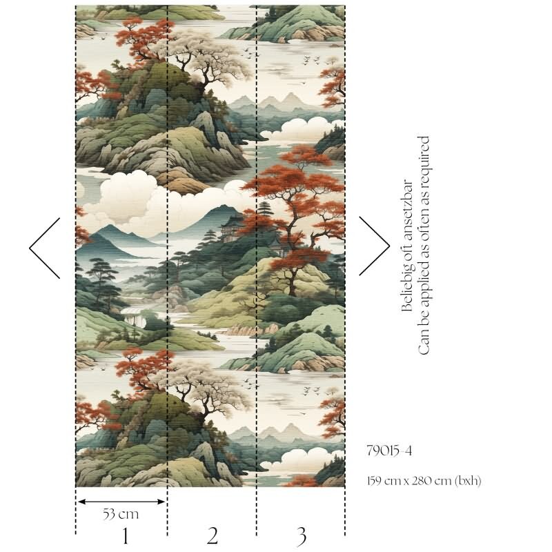 Fototapete Landschaft Asien Naturfarben Panorama Vliestapete Grün Beige (KG-171830)