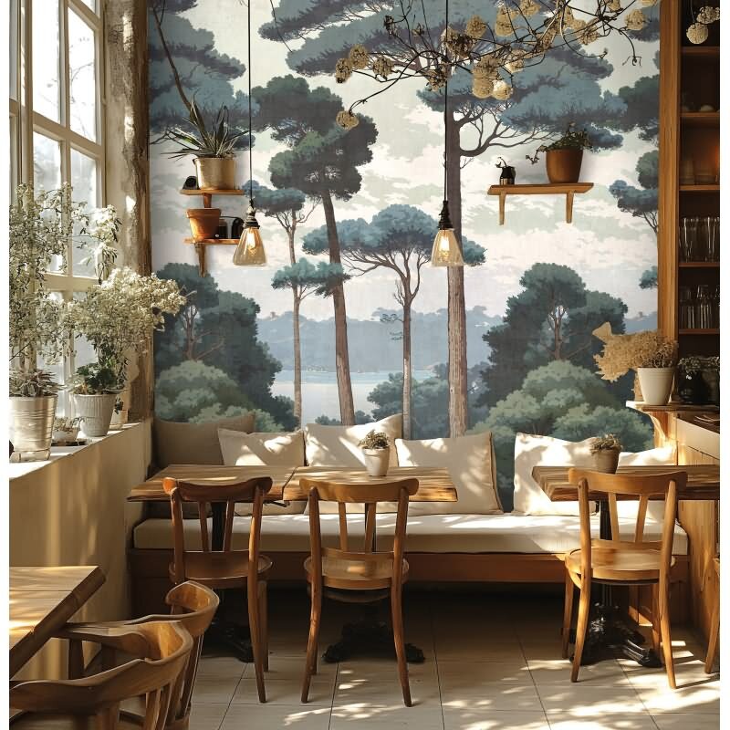 Fototapete Waldlandschaft Grün Creme Naturtapete Bäume Vliestapete (KG-171832)