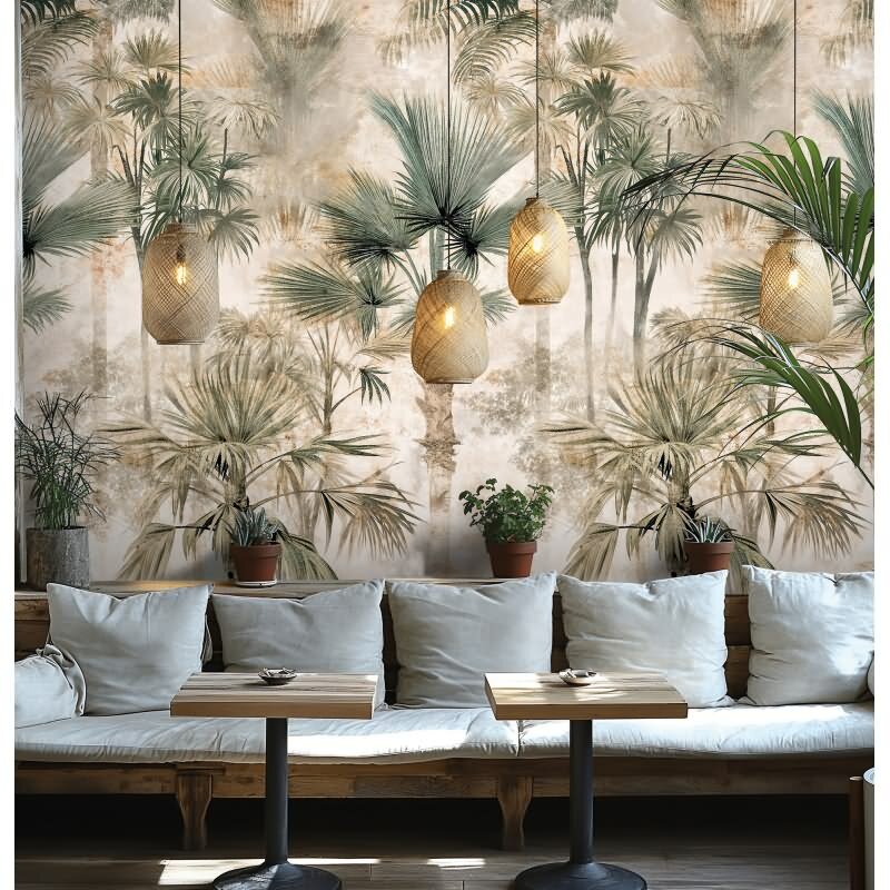 Fototapete Tropenpalmen Beige Grün Dschungelmotiv Vliestapete (KG-171833)