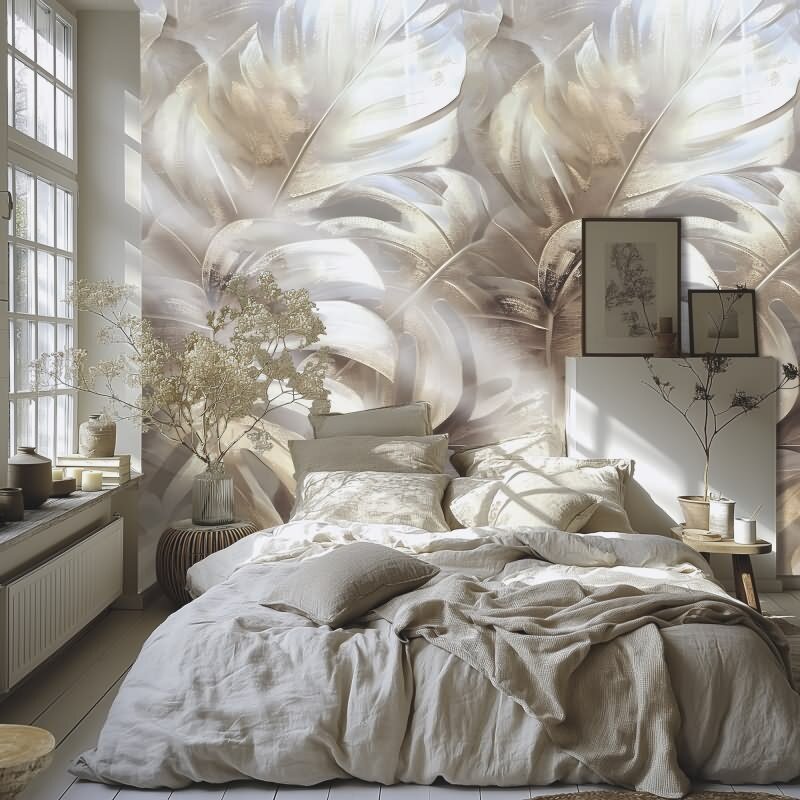 3D Fototapete Monstera Blätter Beige Creme Tropisches Design Vliestapete (KG-171837)